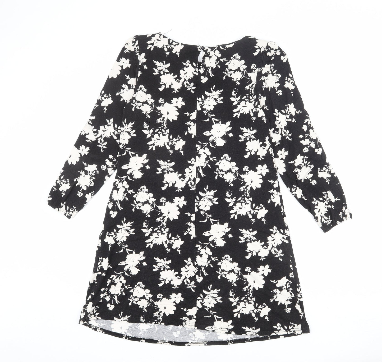 Wallis Womens Black Floral Viscose Mini Size 10 Round Neck Button