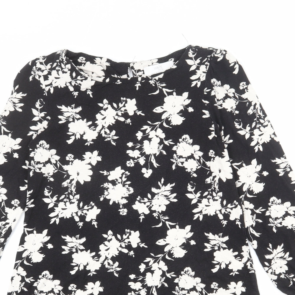 Wallis Womens Black Floral Viscose Mini Size 10 Round Neck Button
