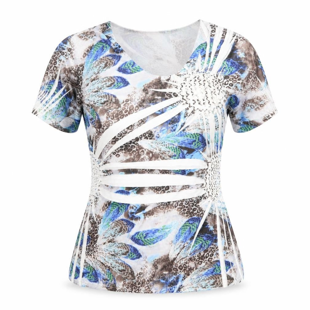 Just Elegance Womens Multicoloured Geometric Polyester Basic T-Shirt Size S V-Neck - Size S-M