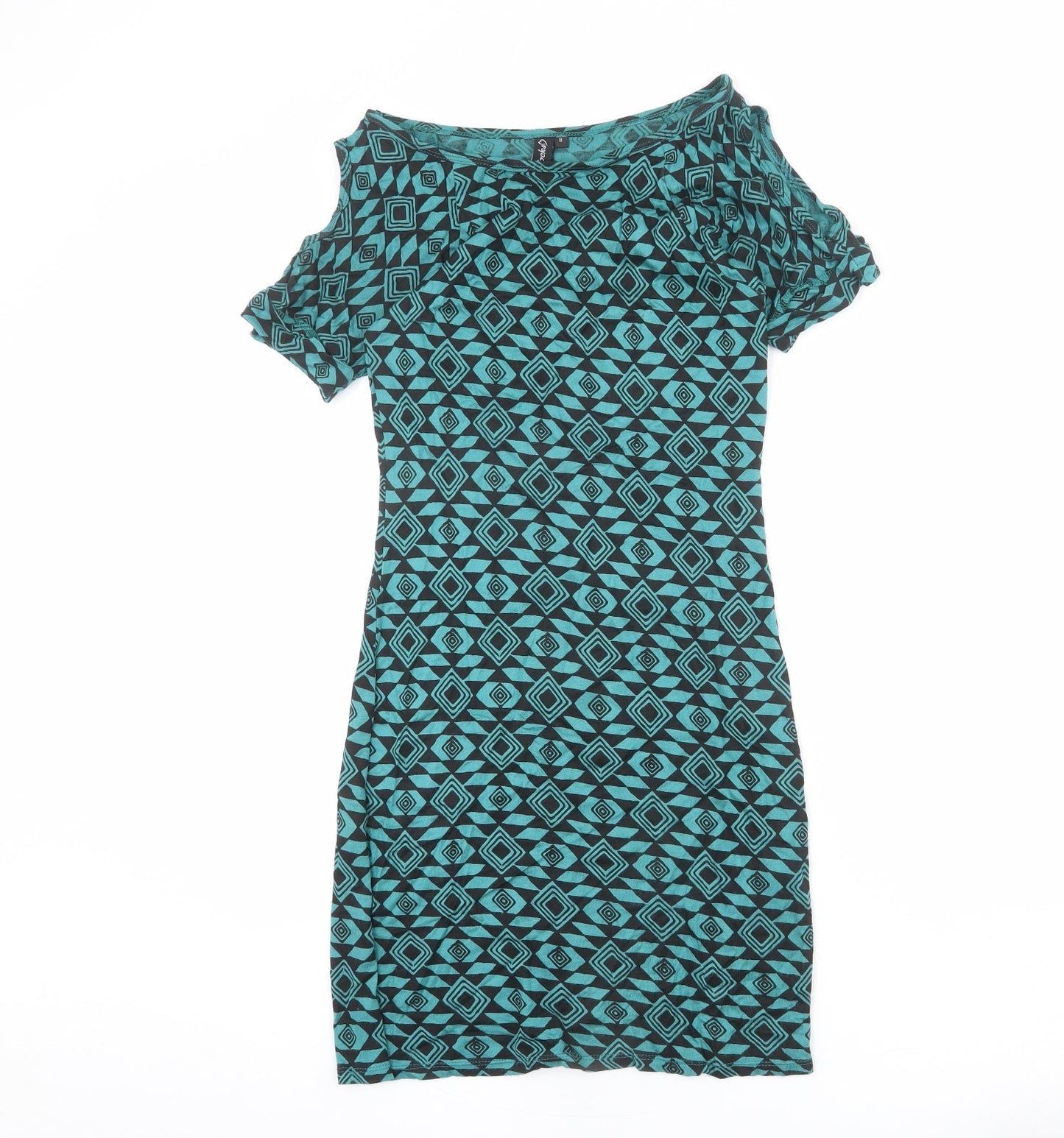 Ruby Rocks Womens Blue Geometric Viscose Bodycon Size 8 Boat Neck Pullover