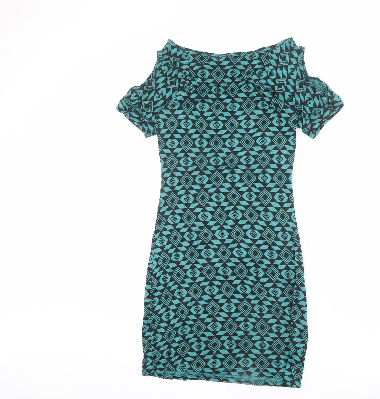 Ruby Rocks Womens Blue Geometric Viscose Bodycon Size 8 Boat Neck Pullover