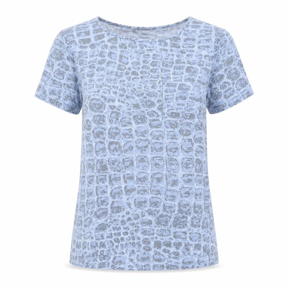 French Connection Womens Blue Geometric Polyester Basic T-Shirt Size M Round Neck