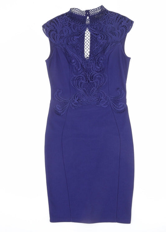 Lipsy Womens Blue Polyester Pencil Dress Size 10 Mock Neck Zip
