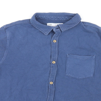 Zara Womens Blue Cotton Basic Button-Up Size 10 Collared