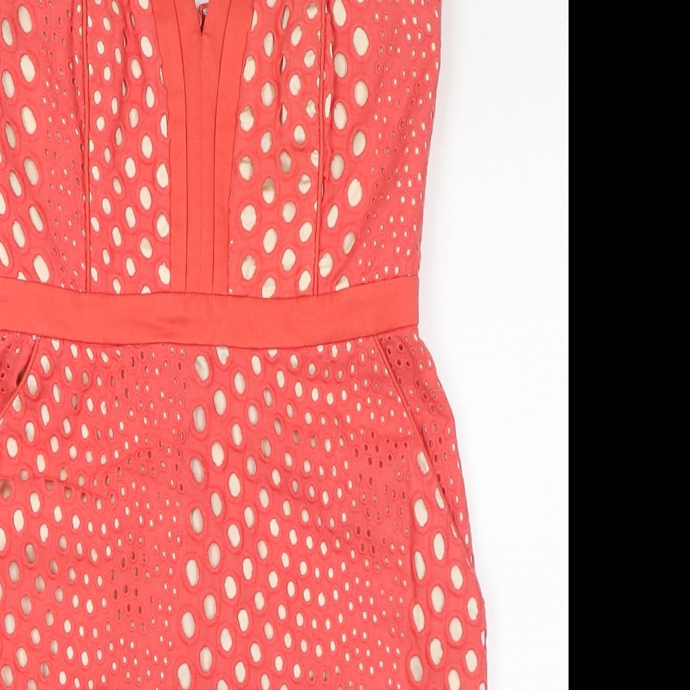 Warehouse Womens Pink Polka Dot Cotton Pencil Dress Size 10 V-Neck Zip