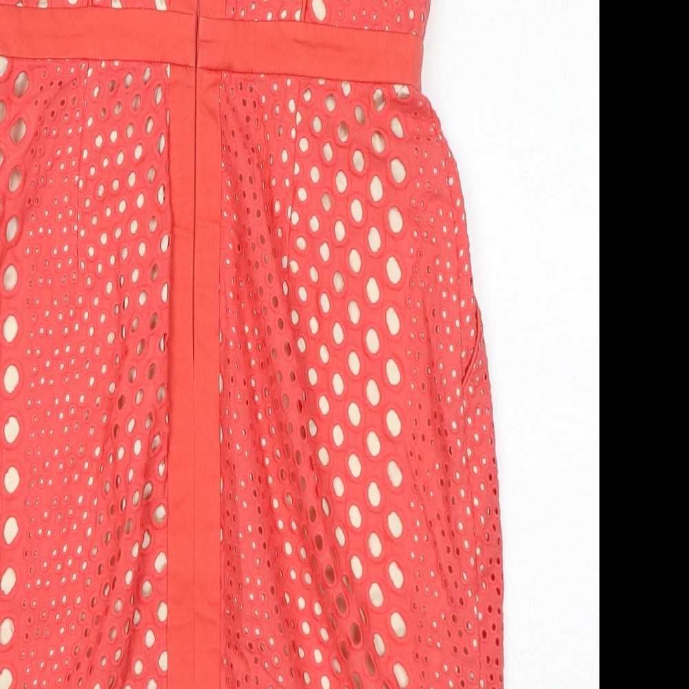 Warehouse Womens Pink Polka Dot Cotton Pencil Dress Size 10 V-Neck Zip