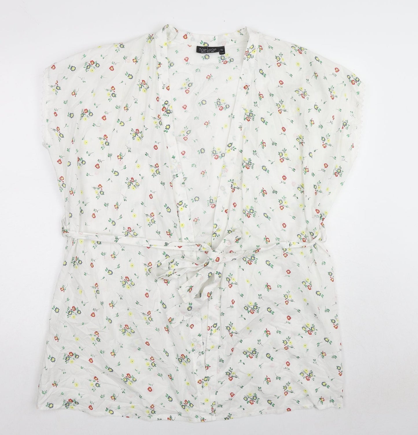 Topshop Womens White Floral Cotton Kimono Blouse Size 6 V-Neck