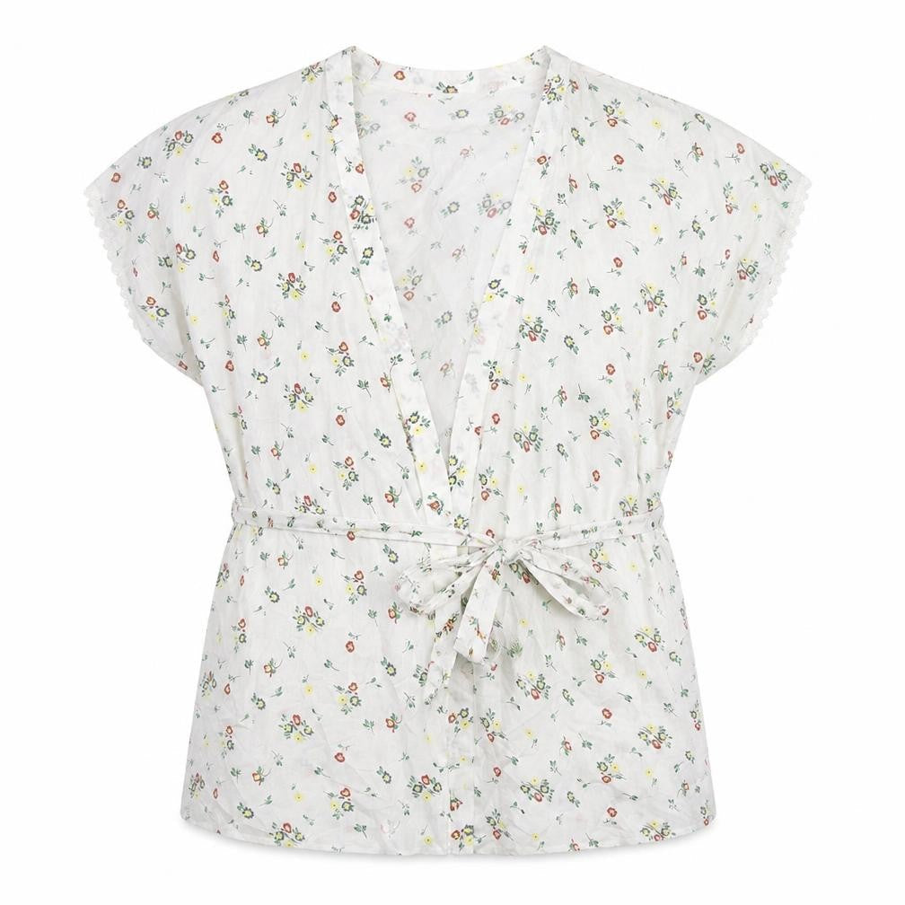 Topshop Womens White Floral Cotton Kimono Blouse Size 6 V-Neck