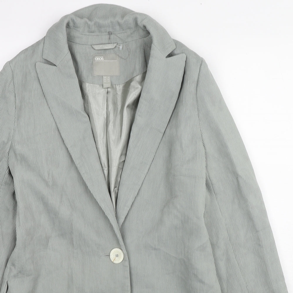 Close-up detail of ASOS women’s grey gilet blazer, size UK 4, button