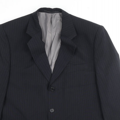 Close-up detail of C&A men’s black striped polyester jacket suit jacket, size 40, regular