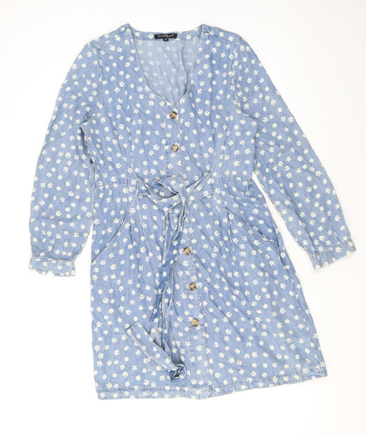 Velvet Heart Womens Blue Fair Isle Cotton Shirt Dress Size S V-Neck Button
