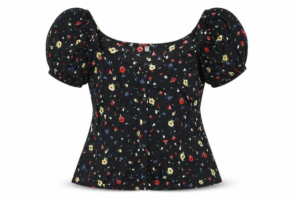 Dorothy Perkins Womens Black Floral Viscose Basic Button-Up Size 12 Boat Neck