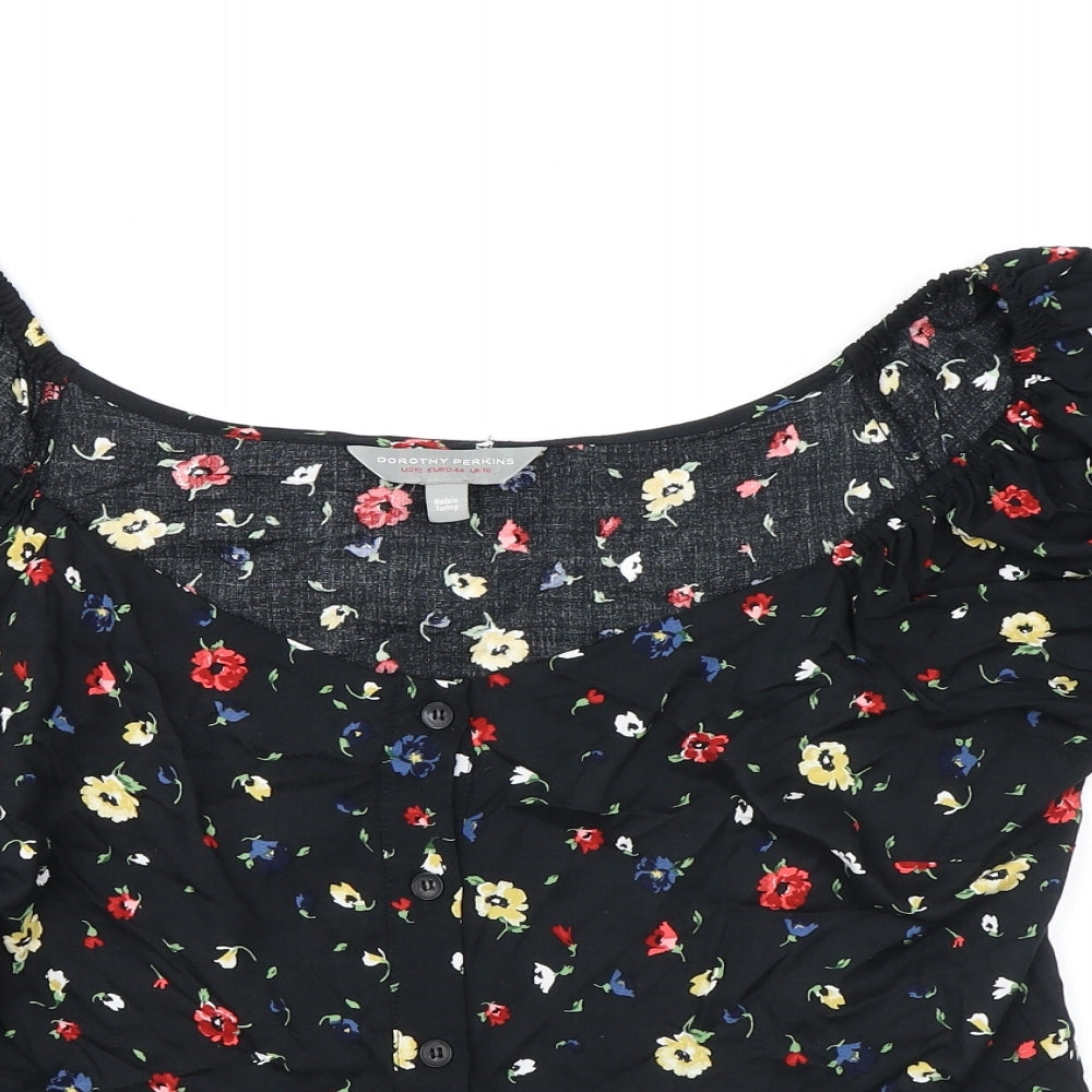 Dorothy Perkins Womens Black Floral Viscose Basic Button-Up Size 12 Boat Neck