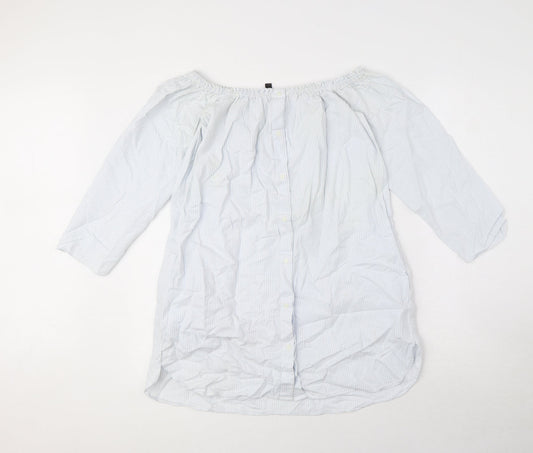 Zara Womens Blue Striped 100% Cotton Basic Button-Up Size XS Off the Shoulder