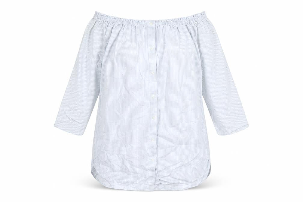 Zara Womens Blue Striped 100% Cotton Basic Button-Up Size XS Off the Shoulder
