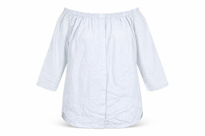 Zara Womens Blue Striped 100% Cotton Basic Button-Up Size XS Off the Shoulder