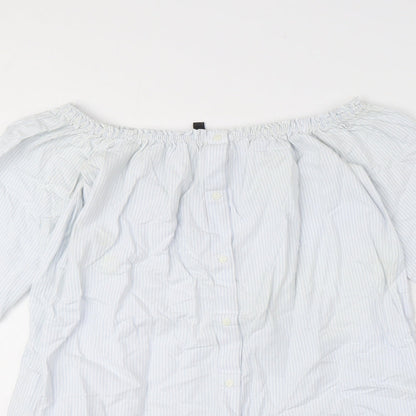 Zara Womens Blue Striped 100% Cotton Basic Button-Up Size XS Off the Shoulder