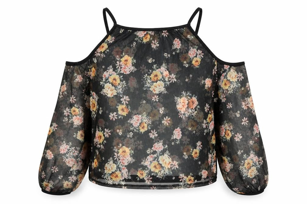 New Look Womens Black Floral Polyester Basic Blouse Size 10 Square Neck - Cold Shoulder