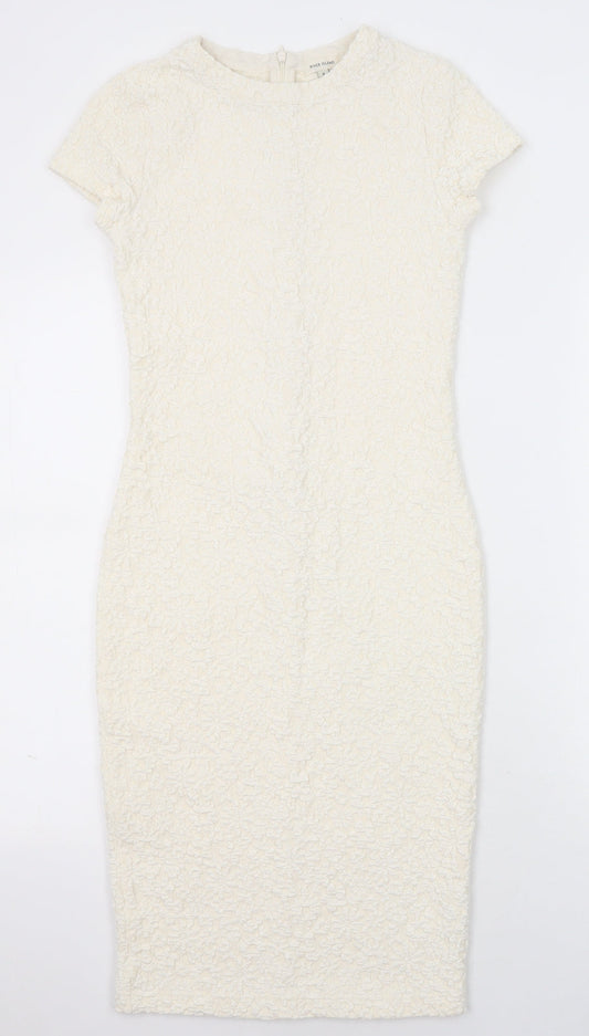 River Island Womens Ivory Geometric Polyester Pencil Dress Size 8 Round Neck Zip