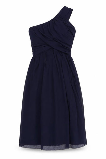 Front view of ASOS women’s blue polyester fit & flare, size UK 10, one shoulder zip