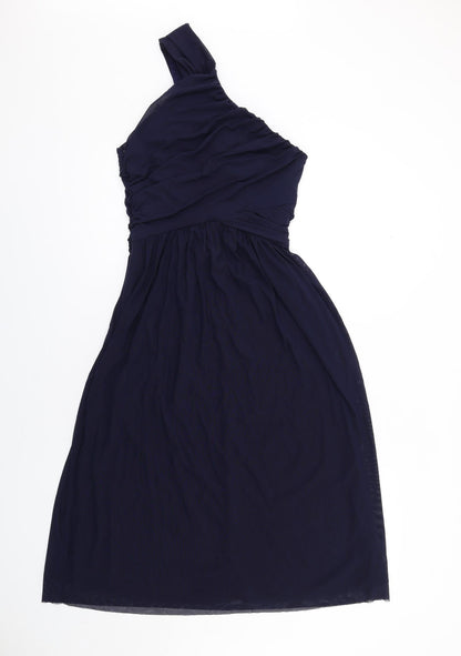 Back view of ASOS women’s blue polyester fit & flare, size UK 10, one shoulder zip