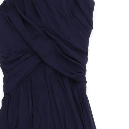 Close-up detail of ASOS women’s blue polyester fit & flare, size UK 10, one shoulder zip