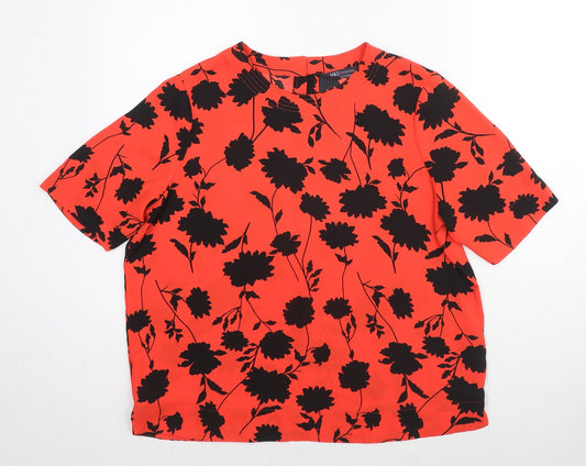 Marks and Spencer Womens Red Floral Polyester Jersey T-Shirt Size 14 Crew Neck