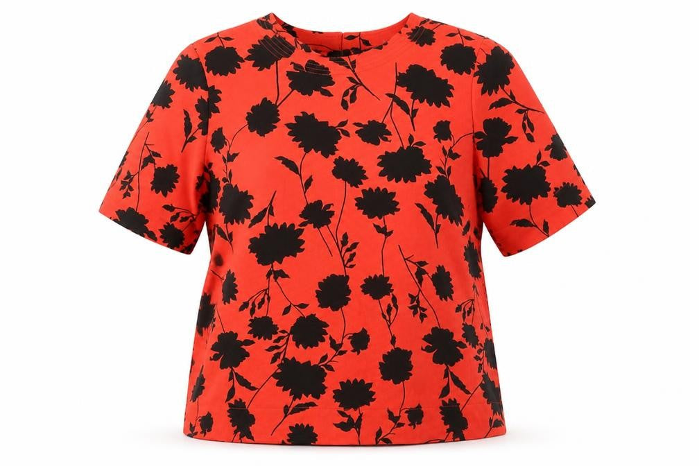 Marks & Spencer Womens Red Floral Polyester Jersey T-Shirt Size 14 Crew Neck