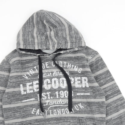 Close-up detail of Lee Cooper men’s grey striped cotton pullover hoodie, size XS