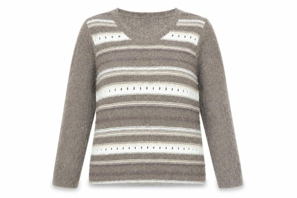Alexara Womens Brown Round Neck Striped Acrylic Pullover Jumper Size M