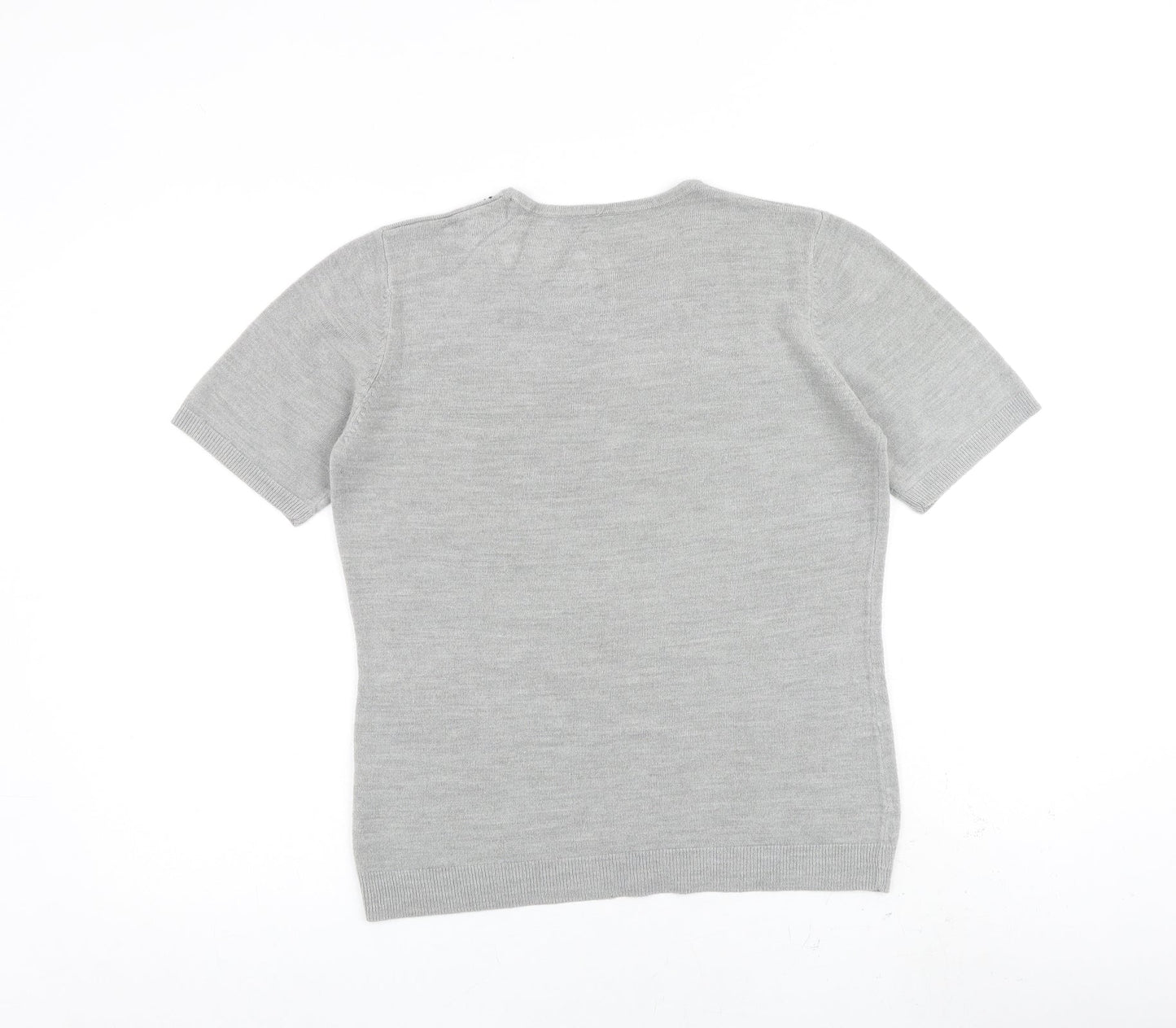 BHS Womens Grey Acrylic Basic T-Shirt Size 12 Round Neck - Floral Detail