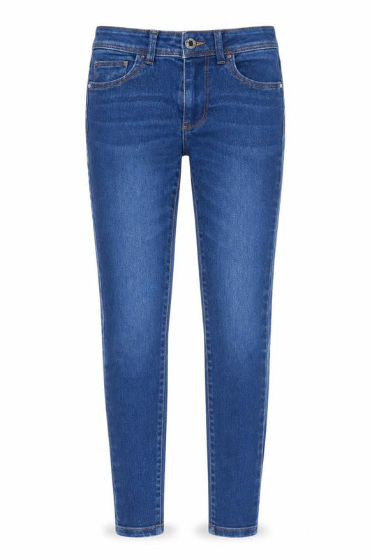 Front view of Denim & Co. women’s blue cotton skinny jeans, size UK 8, 27-inch leg regular zip