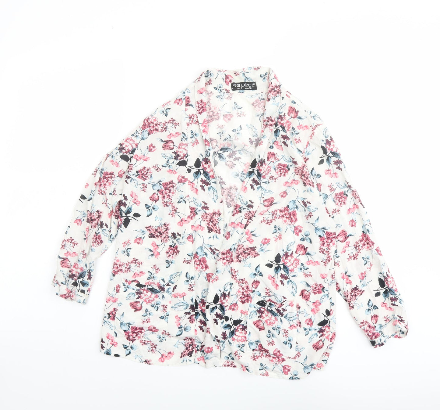 Select Womens White Floral Viscose Kimono Blouse Size 8 V-Neck