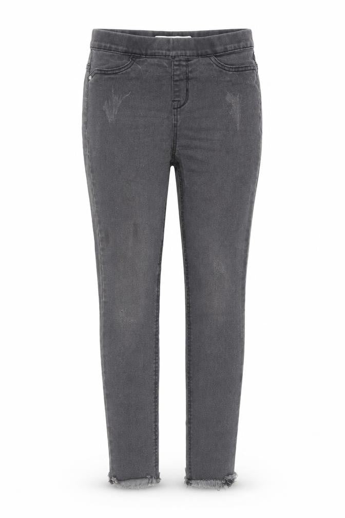 Front view of Denim & Co. girls’ grey cotton skinny jeans, size 10-11, years regular pullover
