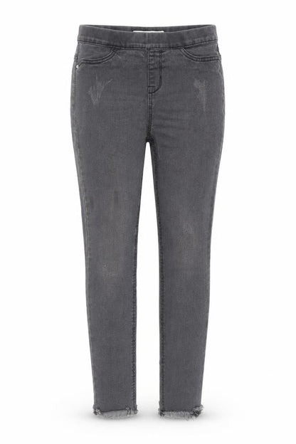 Front view of Denim & Co. girls’ grey cotton skinny jeans, size 10-11, years regular pullover