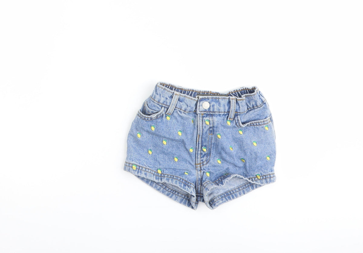 Additional front view of Denim & Co. girls’ blue geometric cotton hot pants shorts, size 2-3, years regular zip