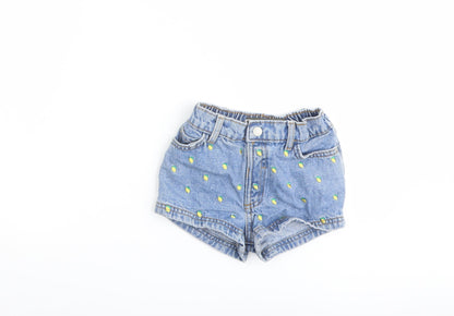 Additional front view of Denim & Co. girls’ blue geometric cotton hot pants shorts, size 2-3, years regular zip