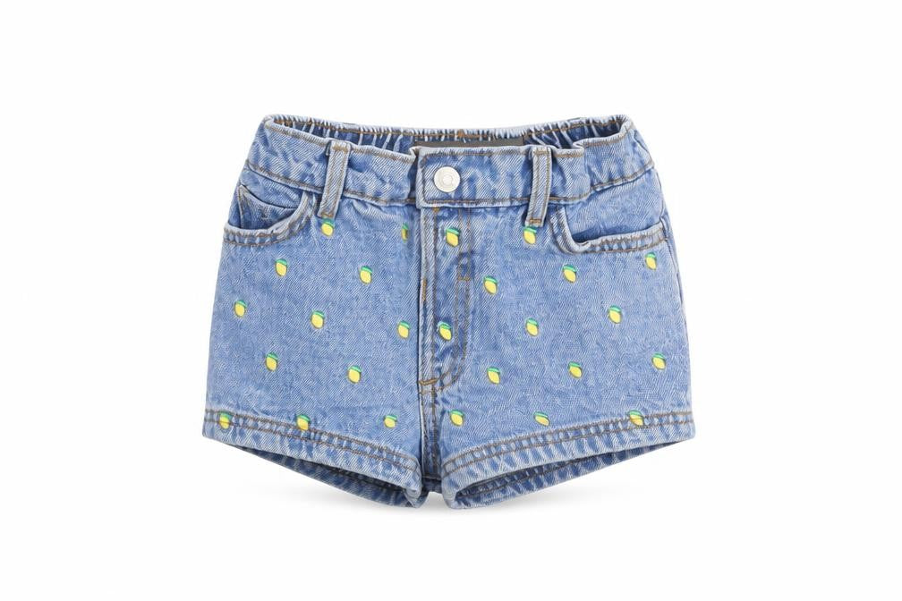 Front view of Denim & Co. girls’ blue geometric cotton hot pants shorts, size 2-3, years regular zip