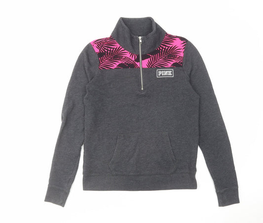 PINK Womens Grey Cotton Pullover Sweatshirt Size XS Zip - Leaf Pattern Detail