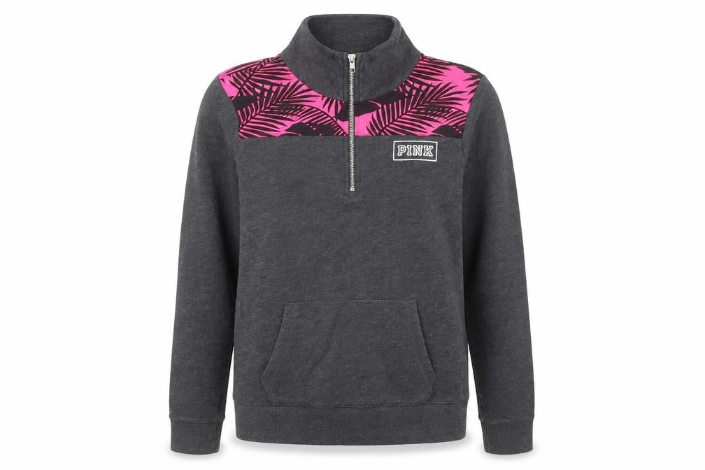 PINK Womens Grey Cotton Pullover Sweatshirt Size XS Zip - Leaf Pattern Detail