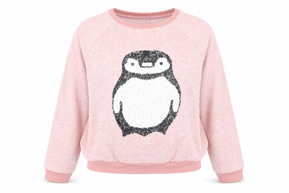 River Island Womens Pink Cotton Pullover Sweatshirt Size 10 Pullover - Revisable Sequin Penguin