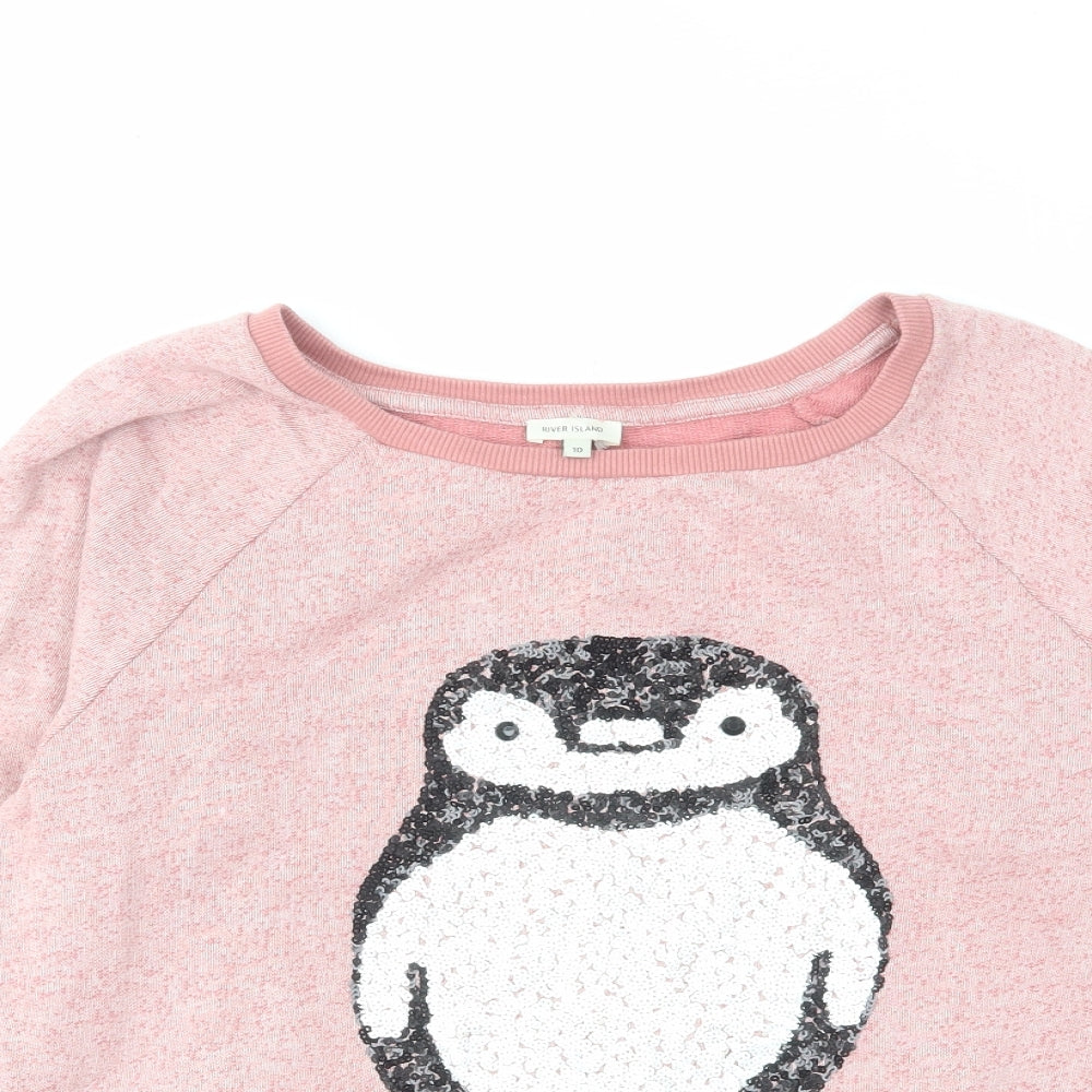 River Island Womens Pink Cotton Pullover Sweatshirt Size 10 Pullover - Revisable Sequin Penguin