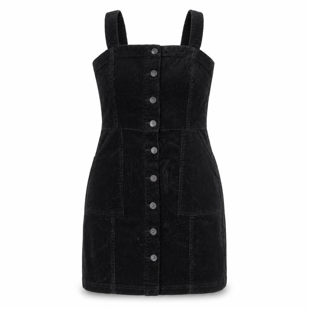 H&M Womens Black Cotton Pinafore/Dungaree Dress Size 4 Square Neck Button
