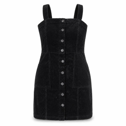 H&M Womens Black Cotton Pinafore/Dungaree Dress Size 4 Square Neck Button