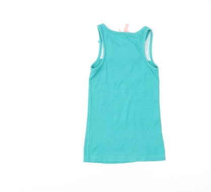 Back view of Next girls’ green cotton basic tank, size 7, years round neck pullover