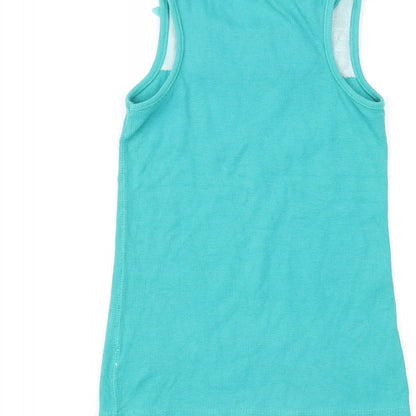 Brand and care label for Next girls’ green cotton basic tank, size 7, years round neck pullover