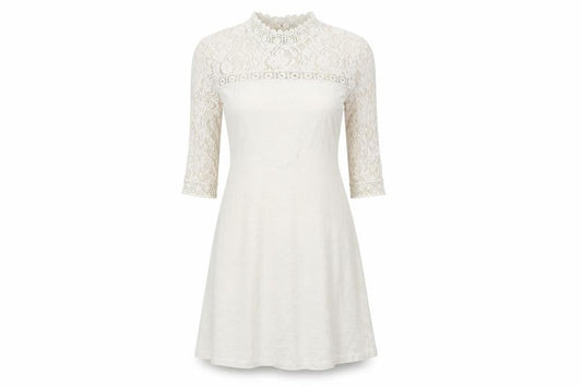 Front view of ASOS women’s ivory cotton a-line, size UK 8, mock neck button - lace