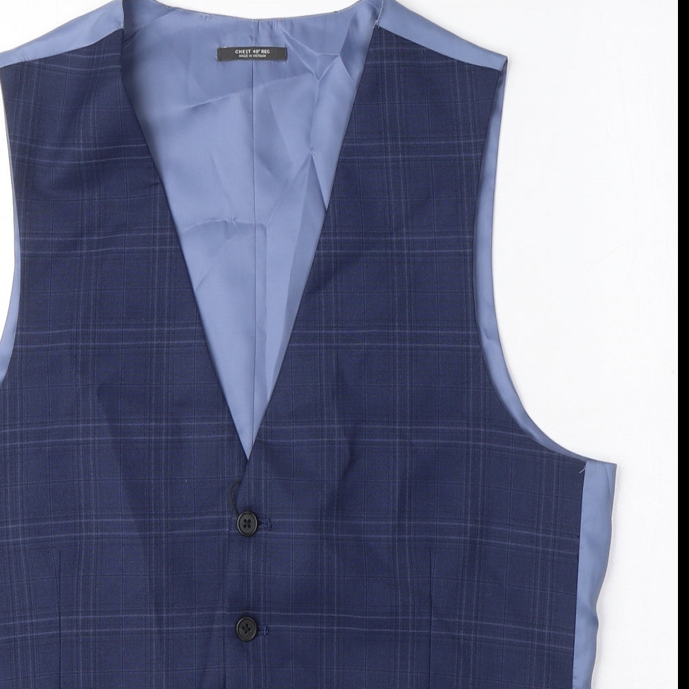 Marks and Spencer Mens Blue Check Polyester Jacket Suit Waistcoat Size 40 Regular