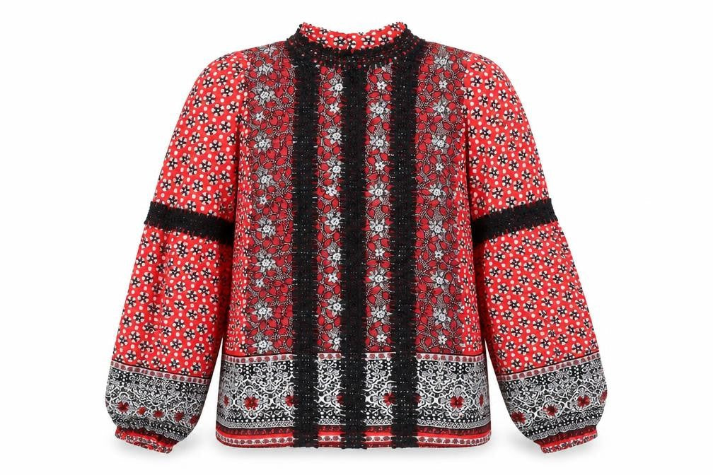 River Island Womens Red Geometric Viscose Basic Blouse Size 8 Mock Neck