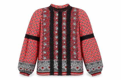 River Island Womens Red Geometric Viscose Basic Blouse Size 8 Mock Neck